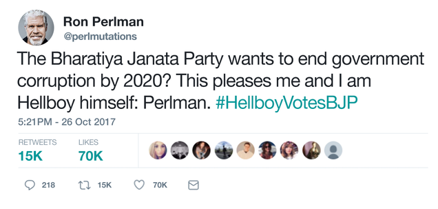 Illustration for article titled Shameful: The Prime Minister Of India Changed His Twitter Account To Look Identical To Ron Perlman’s Just To Get More ‘Hellboy’ Fans Following Him